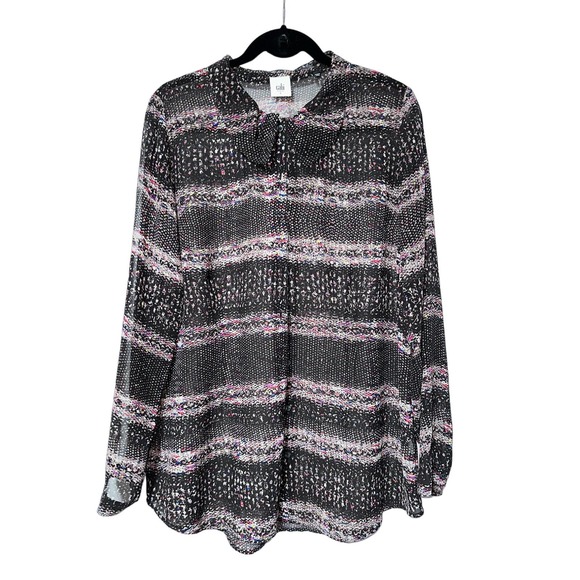 Cabi Sheer Maroon Print Long Sleeve Button Down Blouse w/Peter Pan Collar Size L - Picture 1 of 5